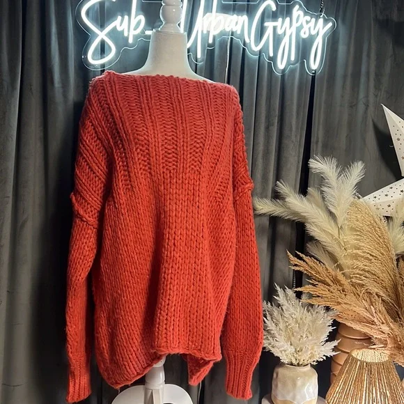 Free People Be There Oversized Chunky Cableknit Pullover Sweater in Coral - Picture 2 of 7
